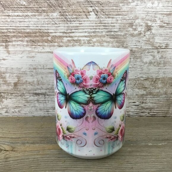 Butterfly & Floral 15 Oz Ceramic Mug With Rainbow Design For Coffee Or Tea - Picture 2 of 3